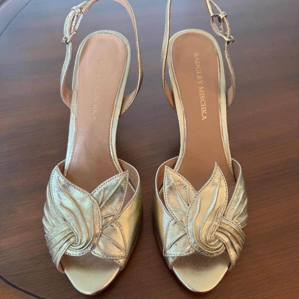  Badgley Mischka Leather Ankle Strap Heels -- Gold Leather